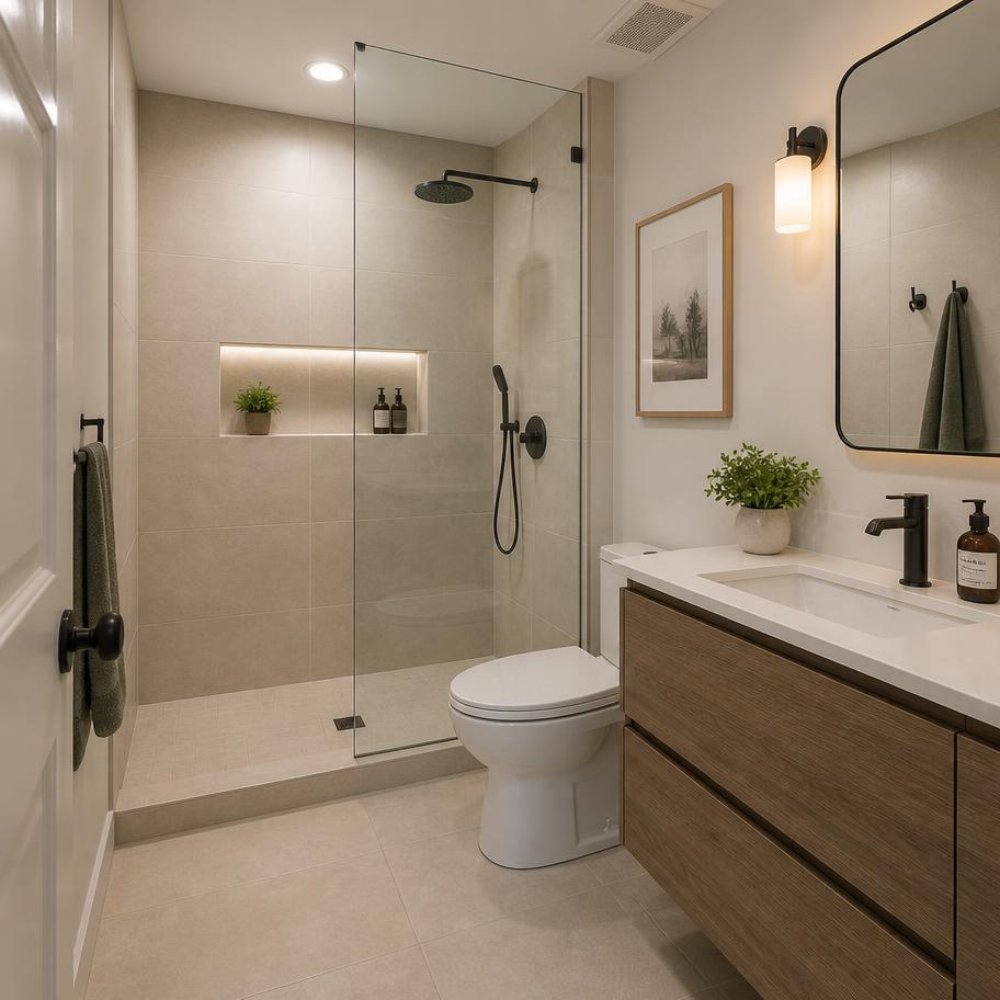The same bathroom after renovation with a tiled walk-in shower