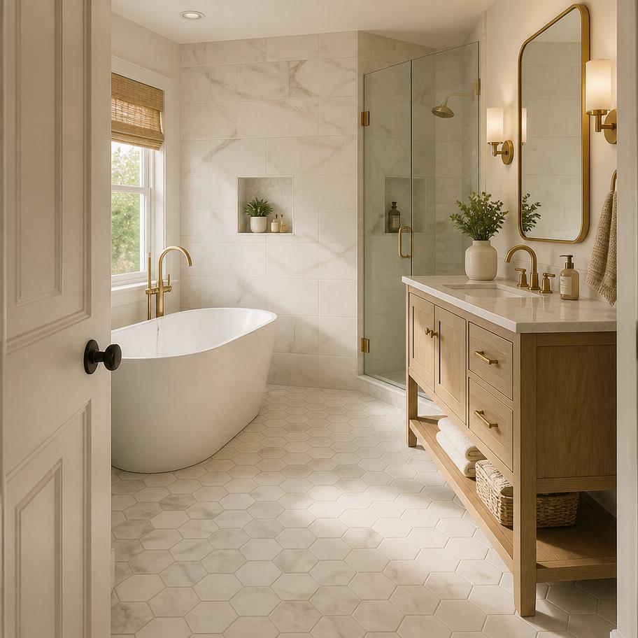 The same bathroom after renovation with a freestanding tub