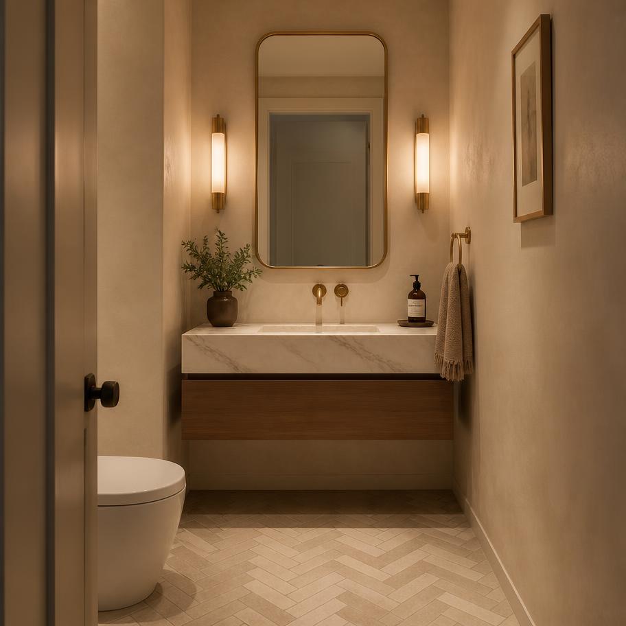 The same powder room after renovation with herringbone floor tile