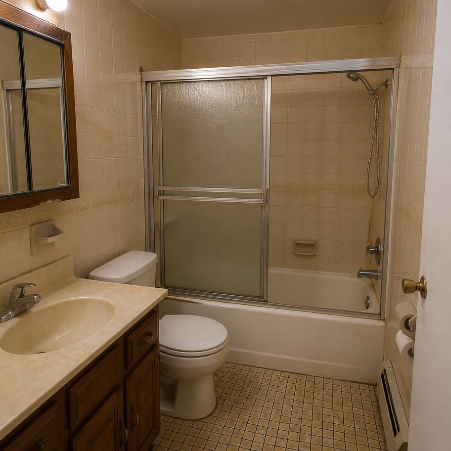 Small bathroom with dated beige tile and an alcove tub before renovation