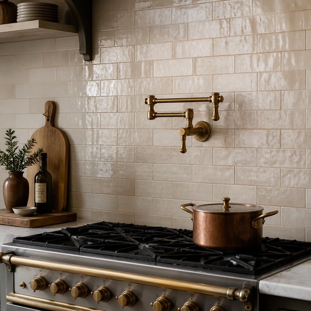 Zellige subway tile kitchen backsplash behind a range