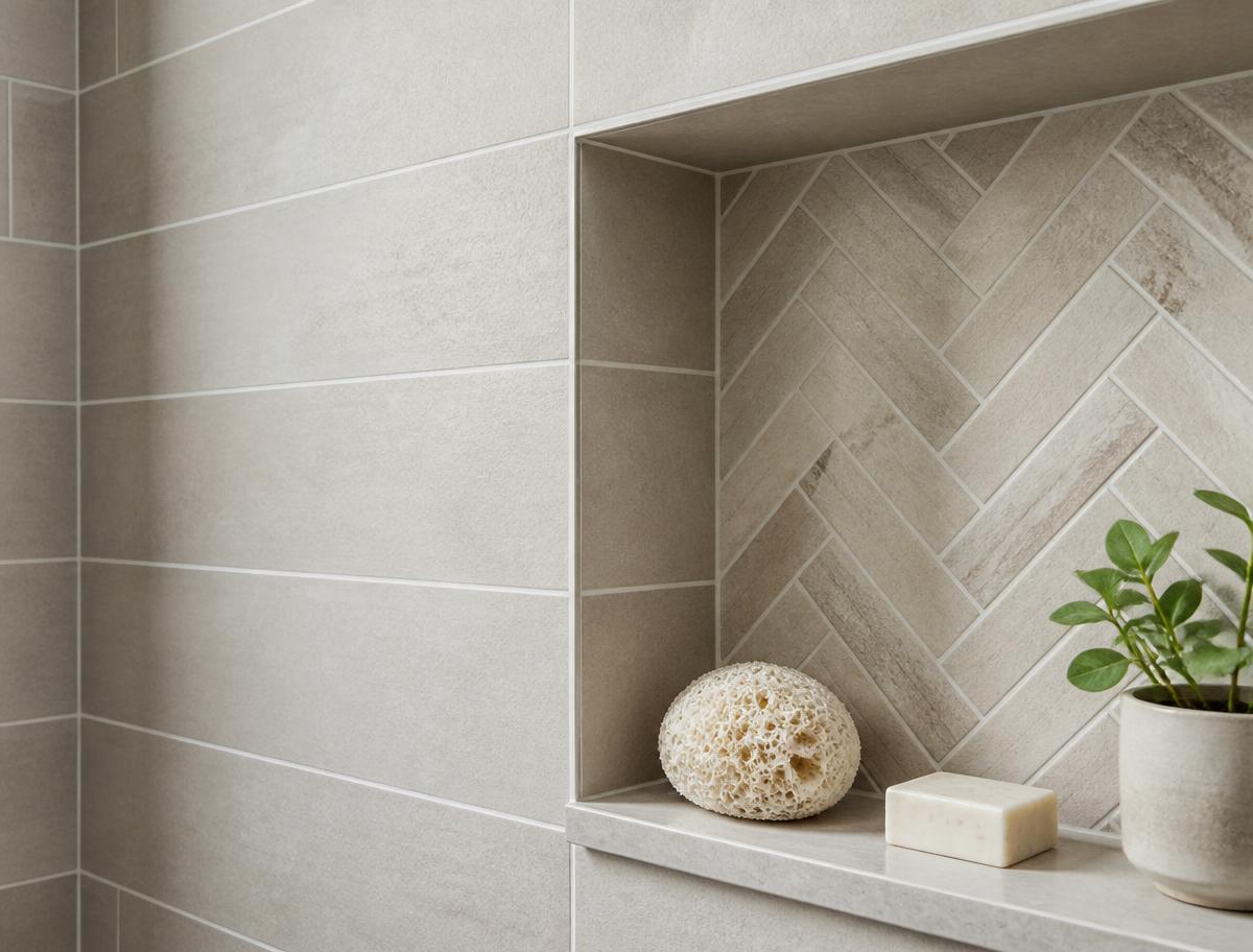 Detail of herringbone tile work with crisp grout lines